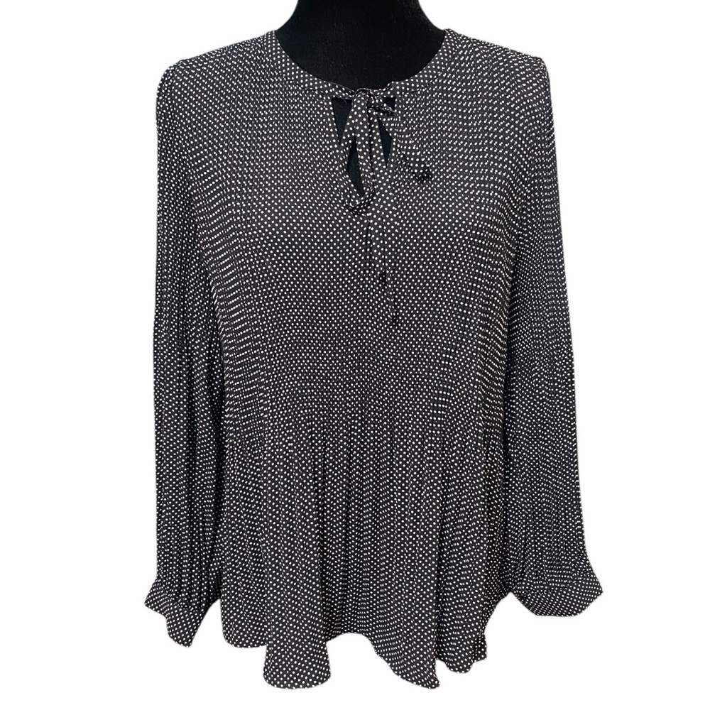 Adrianna Papell Black Polka Dot Tie Neck Pleated Blouse Retro Style Large